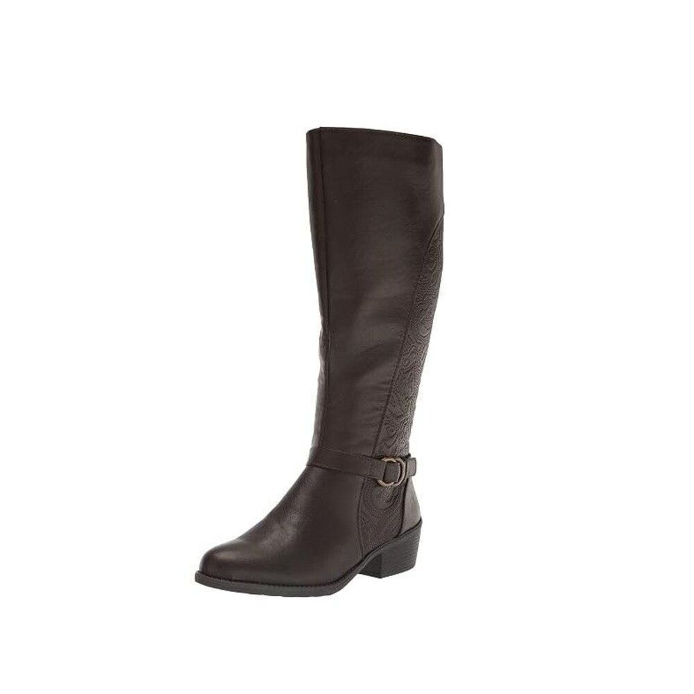 Easy Street Womens 9 W Plus Calf Brown Embossed Luella Flat Riding Boots NIB PJ9